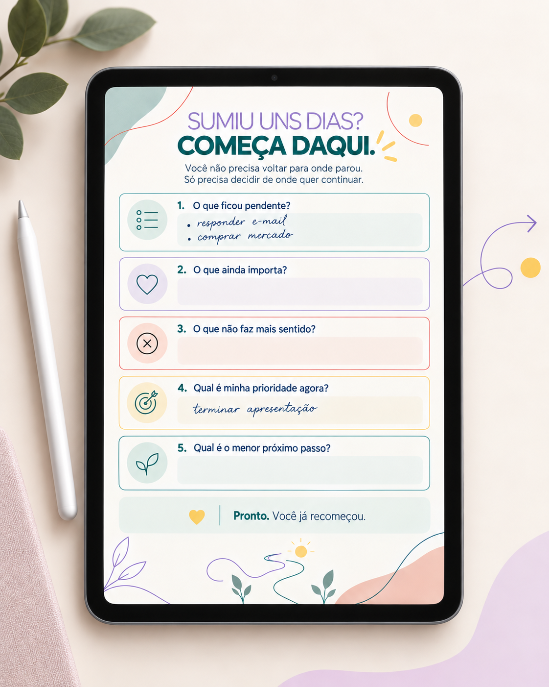 Página Recomeço aberta em um tablet