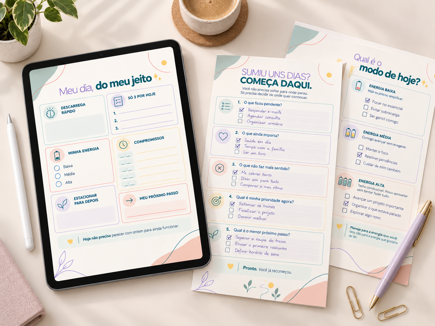 Planner Recomeço sendo usado no tablet e em páginas impressas