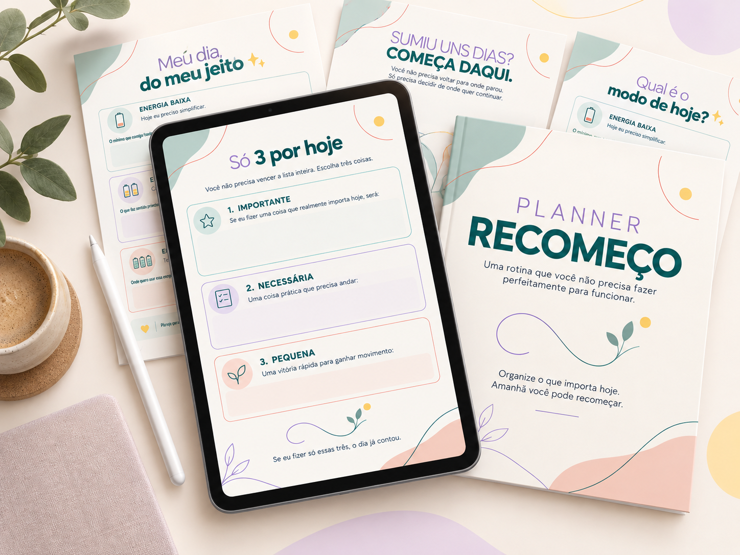 Planner Recomeço em tablet, com páginas digitais e impressas