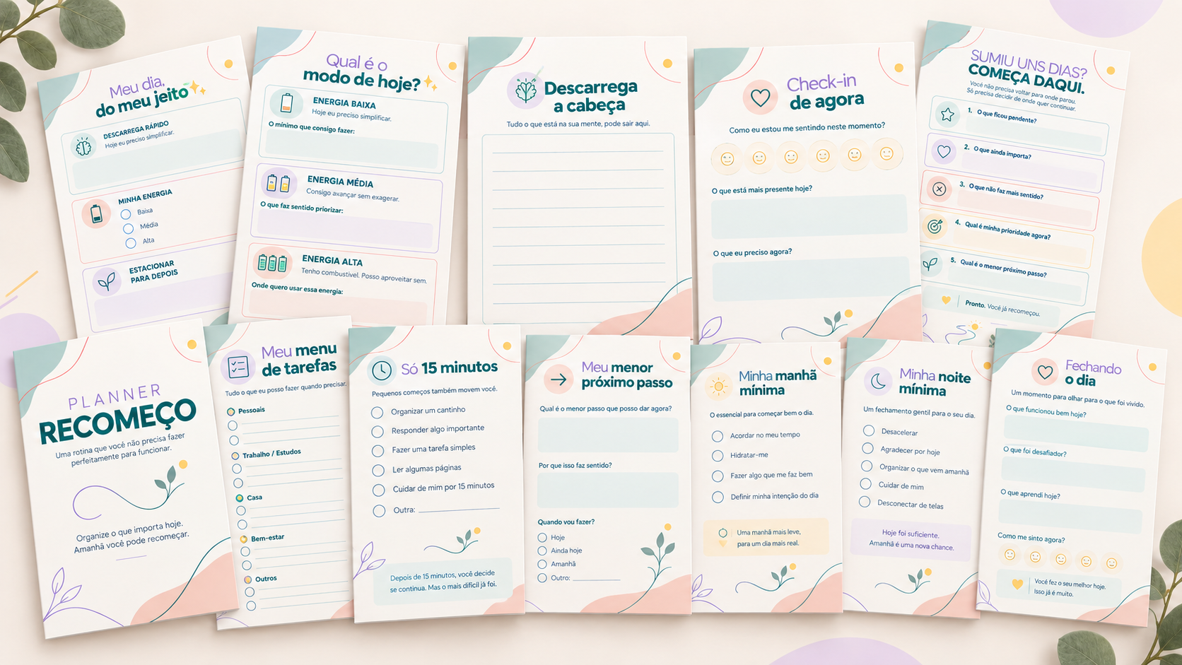 Visão geral das páginas do Planner Recomeço